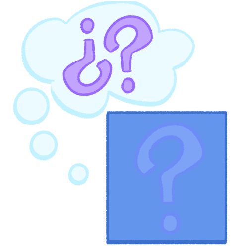 A blue square with a faint question mark inside and a thought bubble coming from it, containing two purple question marks. The left question mark is upside down.